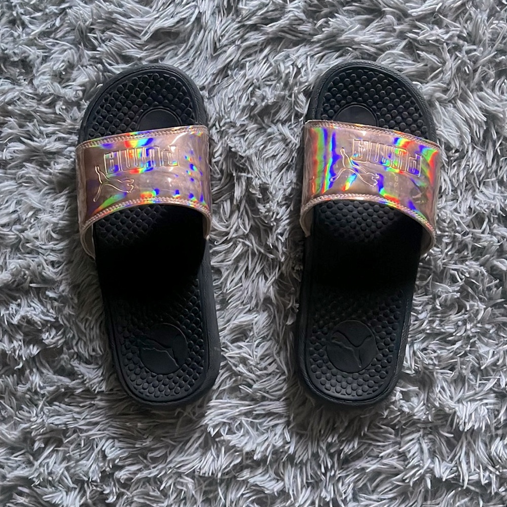 Rose Gold PUMA Slides with an Iridescent Finish